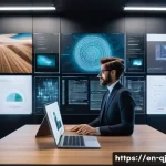 AI 이미지 생성의 아카이브 구축 - A futuristic AI art archive interface displayed on multiple transparent holographic screens in a sle...