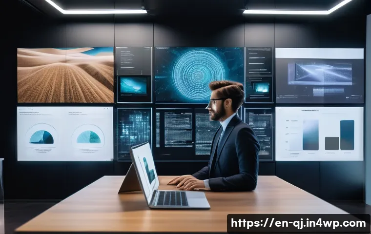 AI 이미지 생성의 아카이브 구축 - A futuristic AI art archive interface displayed on multiple transparent holographic screens in a sle...