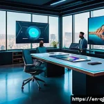 AI 이미지 생성의 영향력 있는 기업들 - A futuristic creative studio interior showcasing AI-powered digital art tools on multiple high-resol...