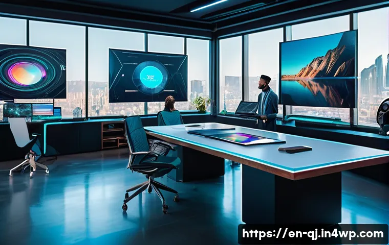 AI 이미지 생성의 영향력 있는 기업들 - A futuristic creative studio interior showcasing AI-powered digital art tools on multiple high-resol...