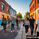 AI 이미지 생성의 데이터 수집 전략 - A vibrant urban street scene during golden hour, featuring diverse people casually interacting, wear...