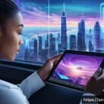 Home 22 AI 이미지 생성의 클라우드와 엣지 컴퓨팅 - A futuristic digital artist workspace showcasing a sleek tablet with an AI-powered sketching app in ...