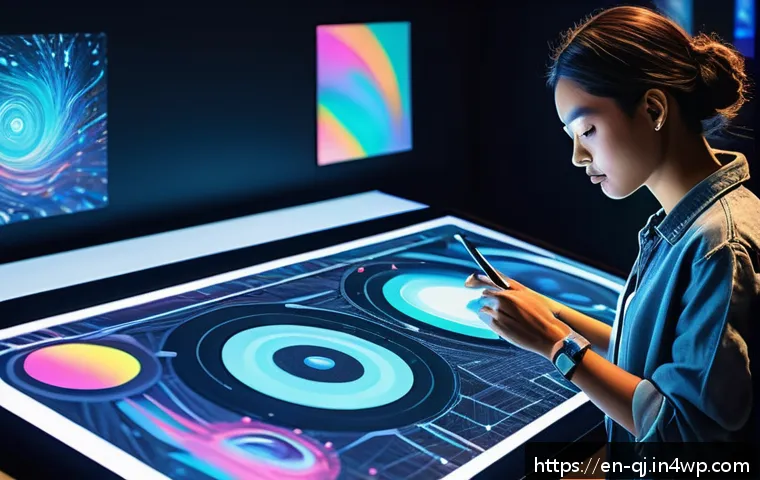AI로 만든 이미지의 저작권 문제 - A futuristic art studio scene showing a diverse group of artists collaborating with advanced AI mach...