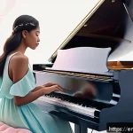 Home 20 AI 이미지 생성의 멀티모달 접근법 - A serene digital artwork depicting a female musician in stylish, modest attire playing a grand piano...