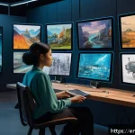 Home 18 AI 이미지 생성의 협업 플랫폼 - A vibrant collaborative digital art studio scene where diverse artists from around the world work to...