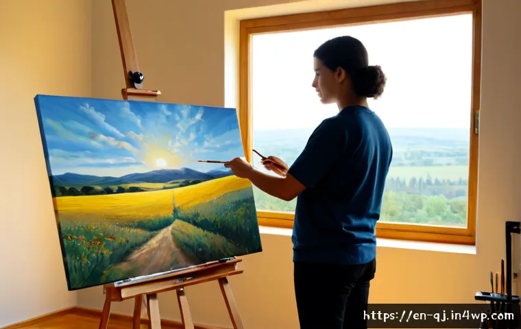 AI 이미지 생성 기술이 예술에 미치는 영향 - Photorealistic contemporary art studio, thoughtful adult painter standing between a traditional oil ...